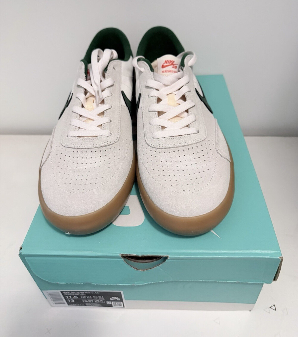 Nike SB Heritage Vulc Low-Top Skate Shoes White Green Gum Sole US 11.5 D